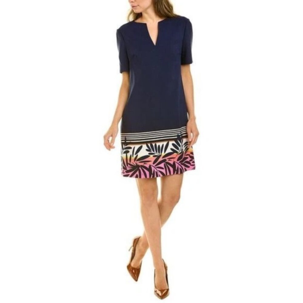NWT TRINA TURK Dress Claressa Colorblocked Neck Slit Indigo Multi Floral Size 2